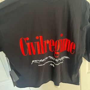 Civil Regime Black Crop T-Shirt with Red and White Graphics